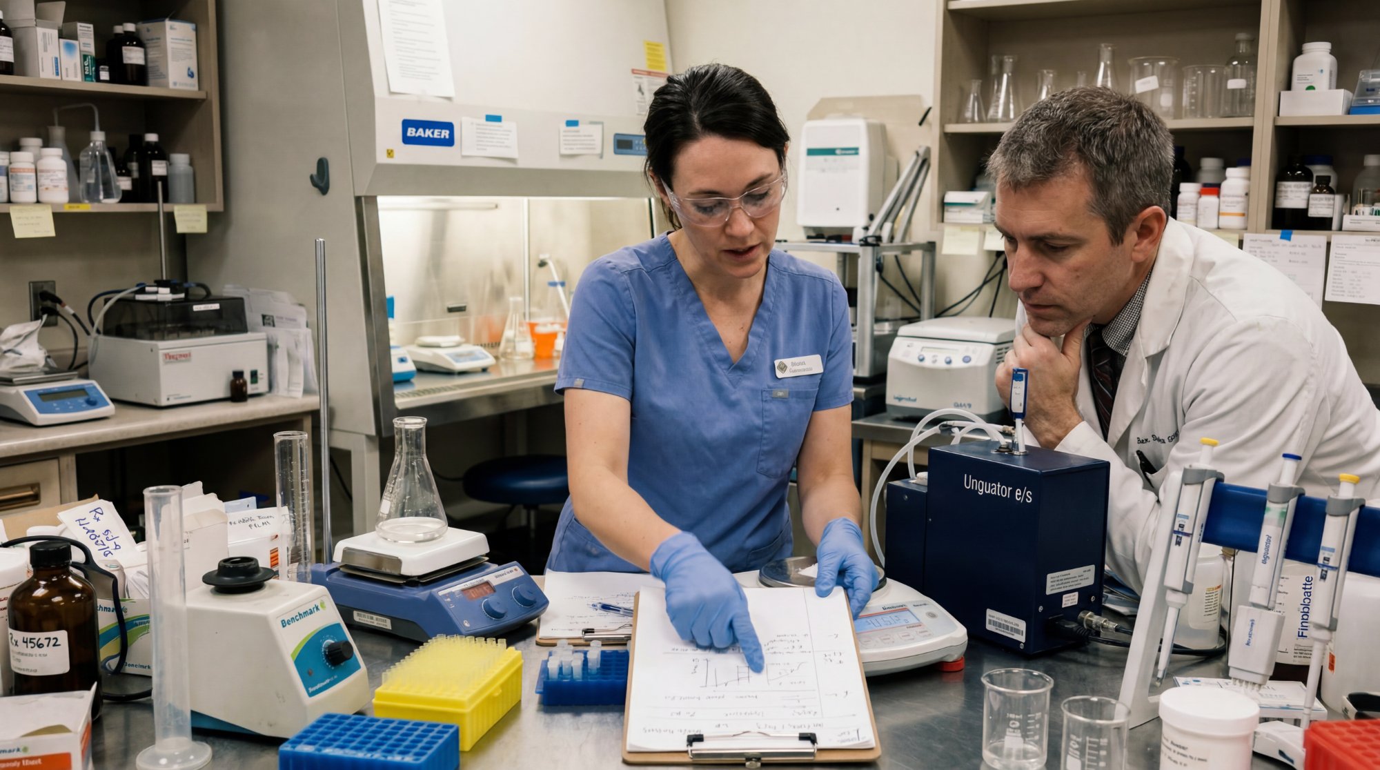 Clinical pharmacist and chemist reviewing formulation data