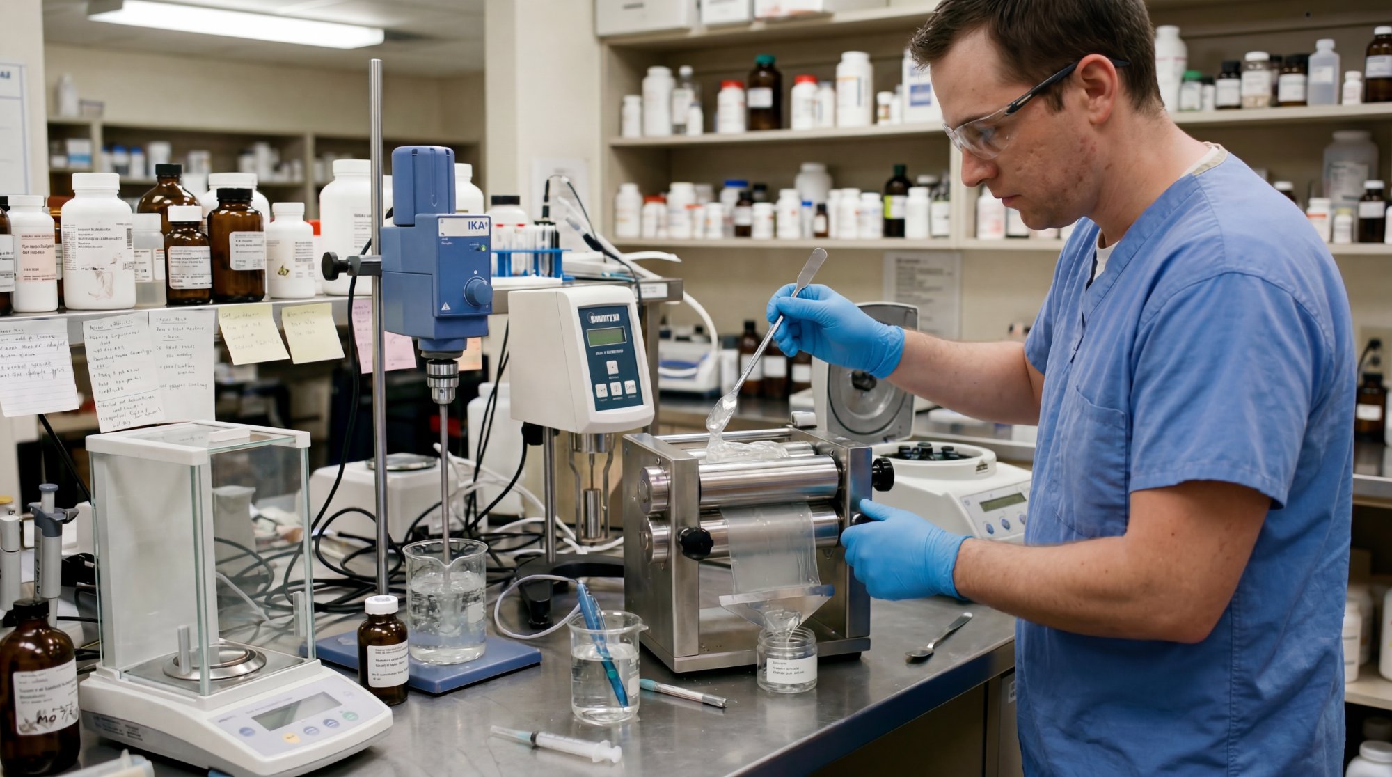Chemist working with Unguator mixer and precision equipment